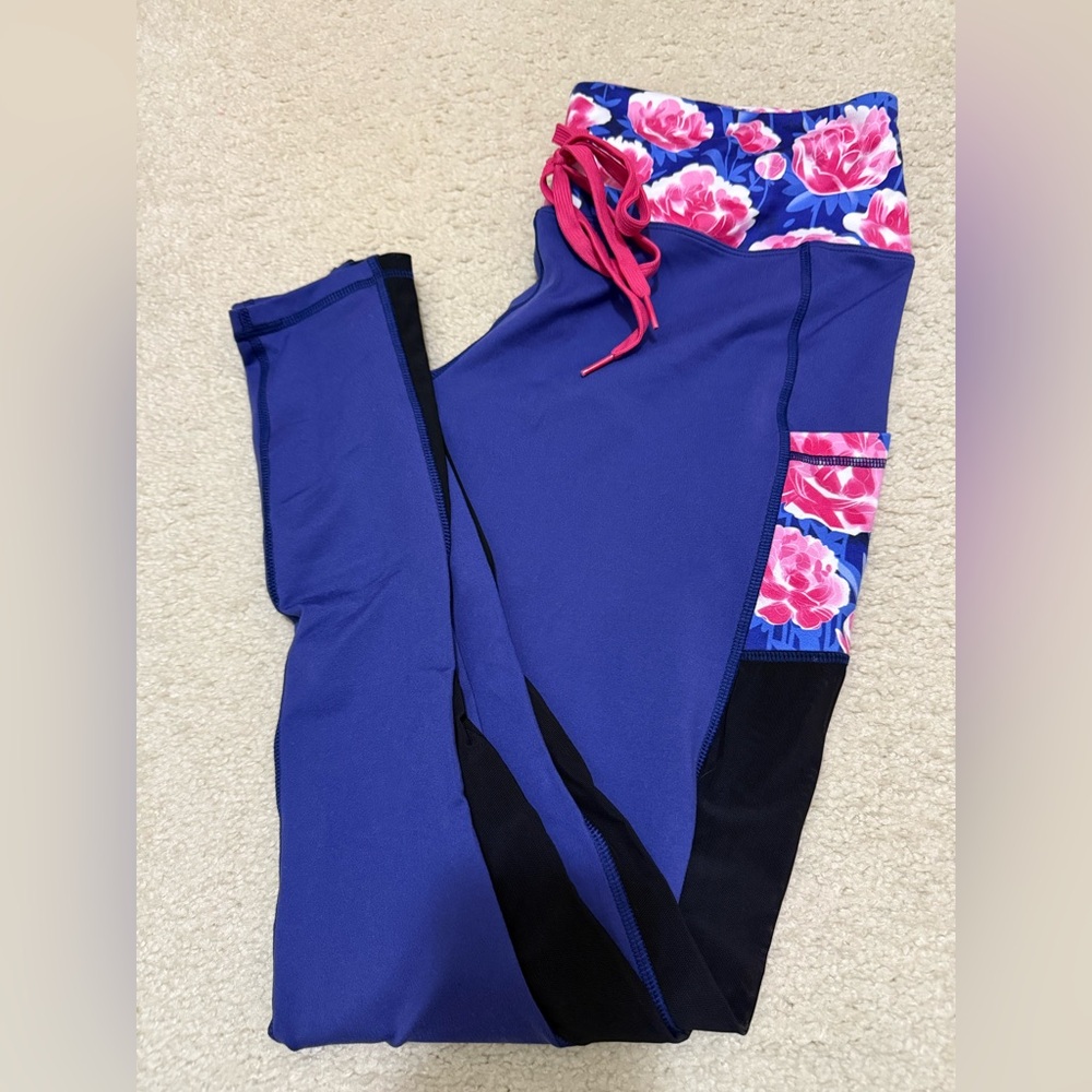 POPFLEX Kids Leggings in Blue and Black with Pink Floral Accents